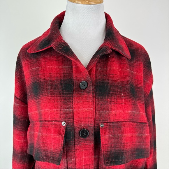 ZARA Red Black Plaid Oversized Flannel Jacket Size Small - Picture 2 of 8